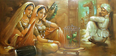 Indian paintings, two women two birds