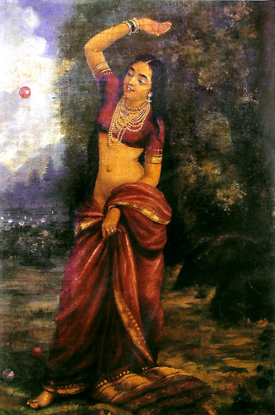 Indian art painting, beautiful woman in red