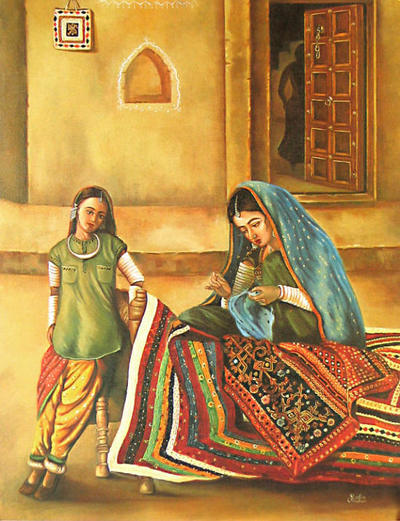 Indian art painting, woman and child